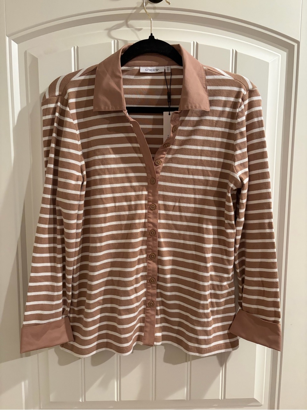 Chico's Striped Button-Down Shirt in Taupe and White
